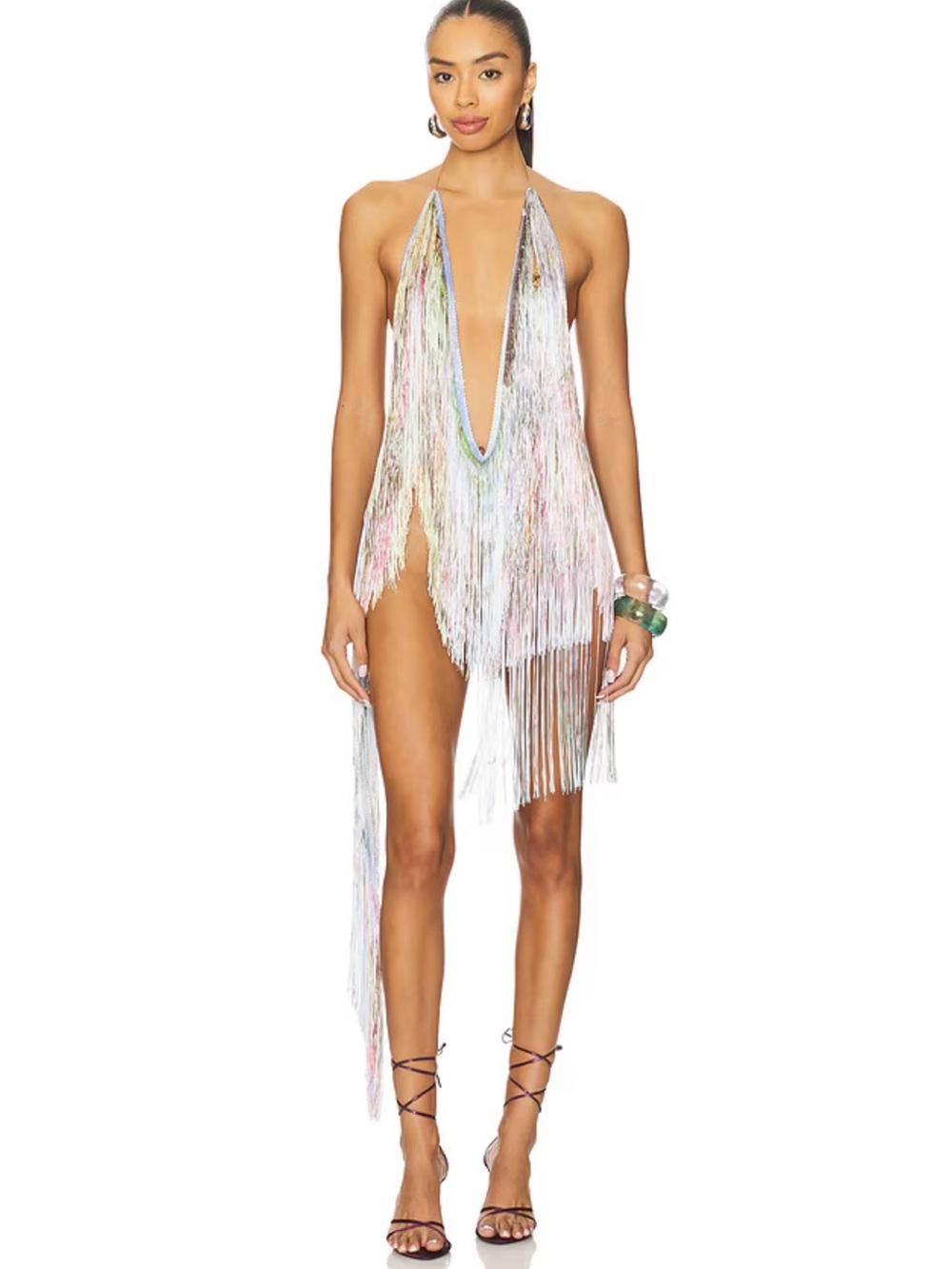 The Dolls House Lola Asymmetrical Multicolor Fringe Halter Dress